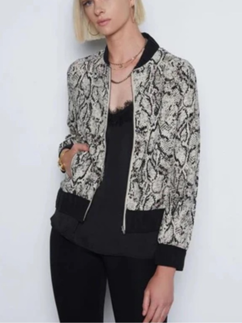 Tart Collections Snake-Print Bomber Jacket in Cream and Black Trim